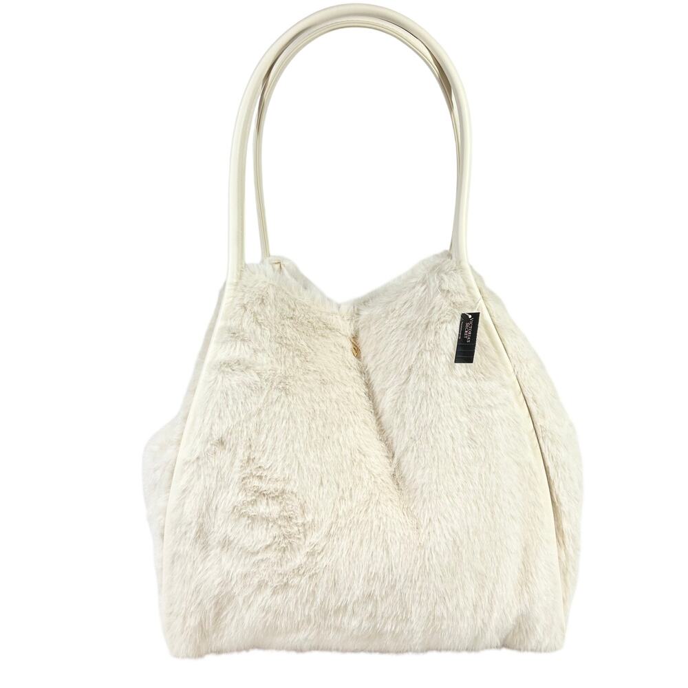 Victoria's Secret Faux Fur Tote Bag White Ivory Shaggy Plush Shoulder Purse New